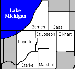 Service area map showing Lake Michigan and Berrien, Cass, St. Joseph, Elkhart, LaPorte, Marshall, and Starke counties